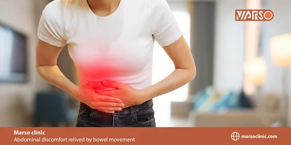 Abdominal discomfort relived by bowel movement